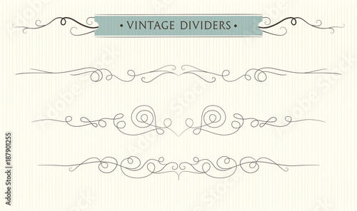Vector hand drawn flourishes, text divider, graphic design element set. Designer art vintage border Wedding invitation card page decoration. Calligraphy, delicate swirls, vintage victorian style motif