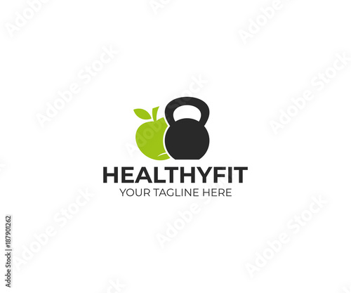 Kettlebell and apple logo template. Healthy food vector design. Fitness illustration