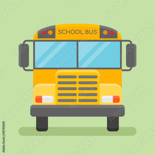 Yellow school bus isolated on green background. Front view. Flat style icon. Vector illustration.