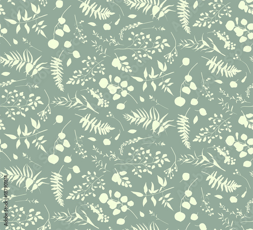 Seamless pattern of Eucalyptus palm fern different tree, natural branches, leaves, herbs, berry heel hand drawn silhouette watercolor Vector beauty elegant textile print on pale green blue background
