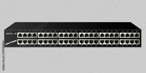 Ethernet switch with 48 ports. The name and emblem are invented. Vector illustration.