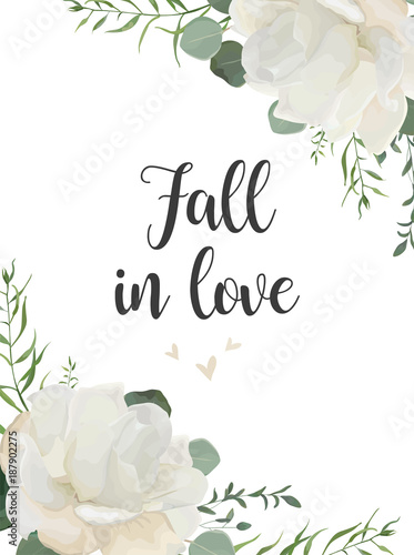 Vector floral card watercolor design: Rose powder white flower Eucalyptus green branch tiny rise flowers greenery leaf herb hand drawn rustic romantic border frame wedding invite, postcard. Copy space