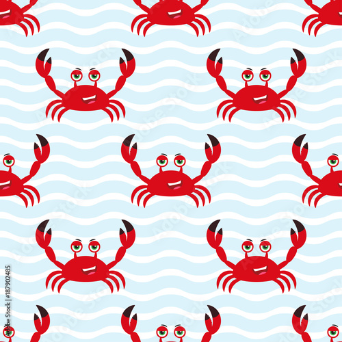 Marine seamless pattern with cute cartoon crab