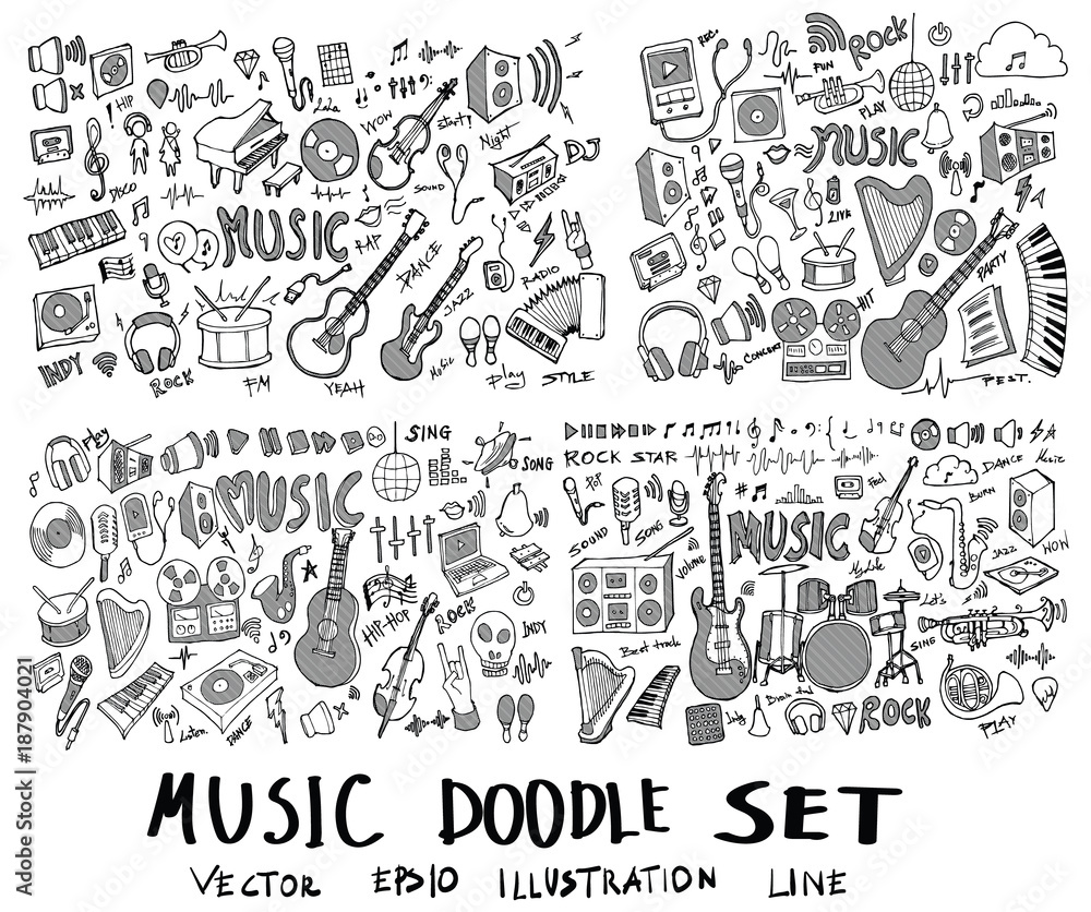Fototapeta Set of Music Hand drawn doodle Sketch line vector scribble eps10