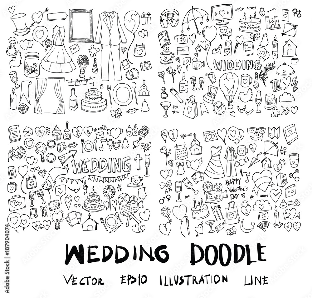 Set of Wedding Hand drawn doodle Sketch line vector scribble eps10