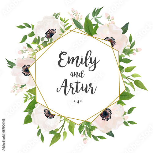 Wedding invite save the date card design white pink Anemone poppy flower, green leaves, eucalyptus greenery foliage forest bouquet and golden geometric foil frame. Vector rustic postcard layout