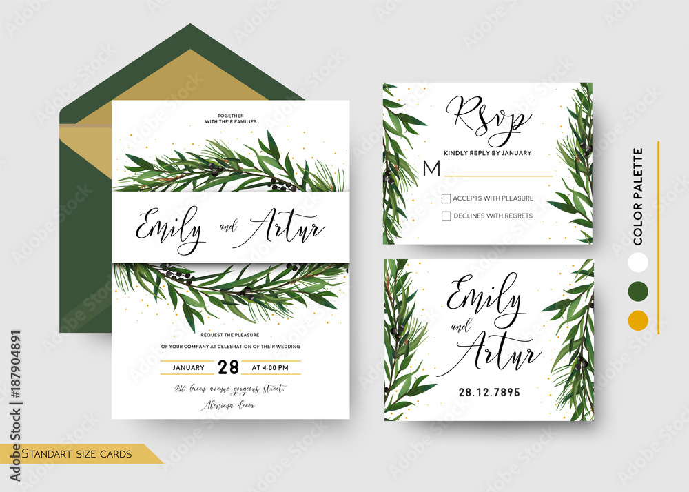 Wedding Invitation save the date, rsvp invite card Design: Pine spruce tree greenery branches Eucalyptus Green leaf & berry wreath, border, print & golden glitter. Vector floral celebration templates