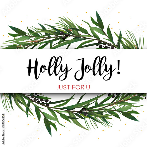 Vector greeting card, invite with Pine tree greenery branches, Eucalyptus Green leaf Wreath & black berry border, frame. Merry cute watercolor illustration. Christmas New year text space design layout
