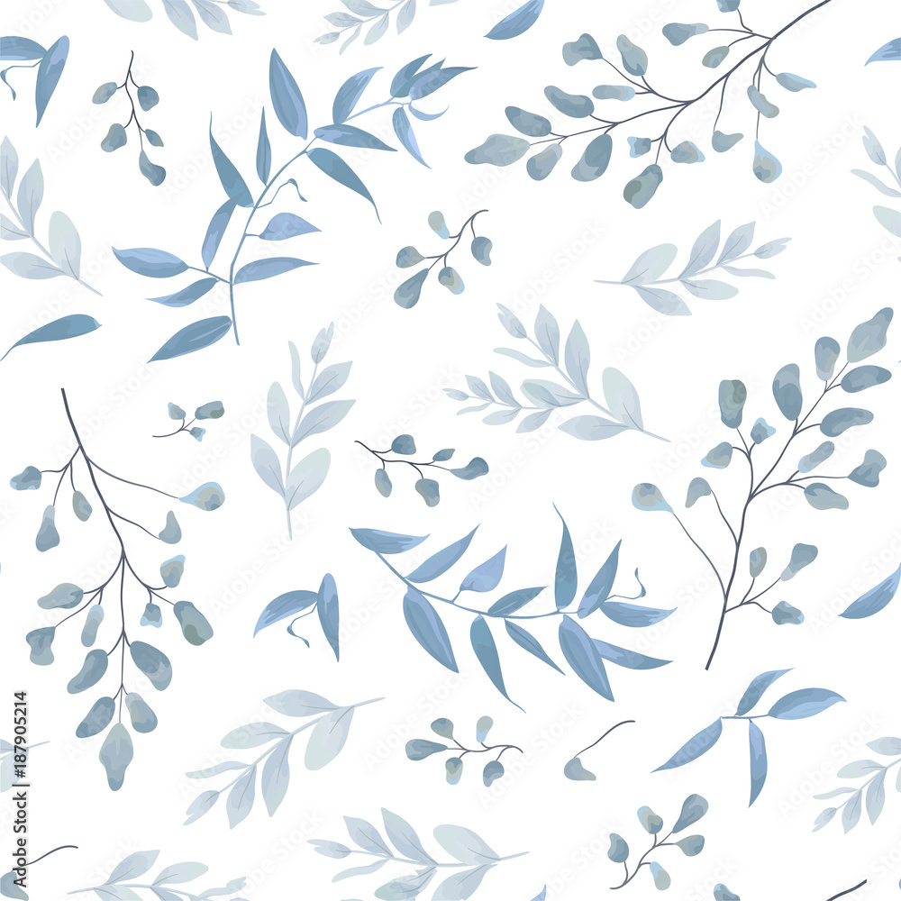 Seamless pattern, background, texture print with light watercolor hand drawn blue color dusty leaves, fern greenery forest herbs, plants. Tender, elegant textile fabric, wrapping paper backdrop layout