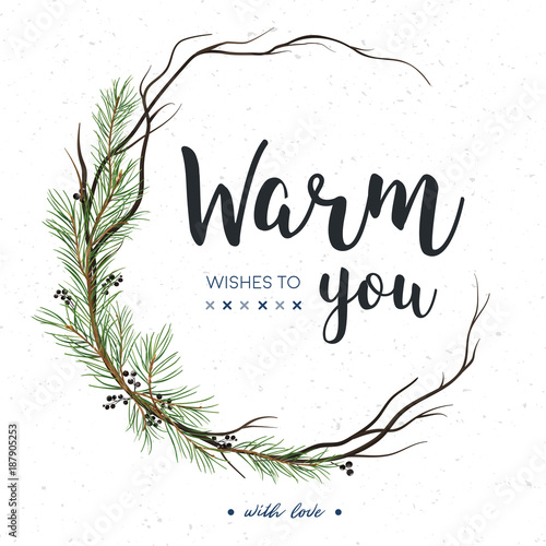 Vector greeting card, invite: Pine tree greenery, brown branches, Green spruce needles & black berry round wreath garland border, frame. Cute watercolor illustration. Merry Christmas copy space design