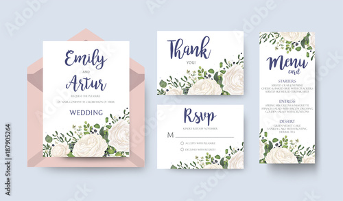 "Wedding Invitation invite card Design with watercolor white rose ranunculus garden flower privet blue berry eucalyptus mistletoe green fern leaf greenery. Elegant floral border. Vector art layout."