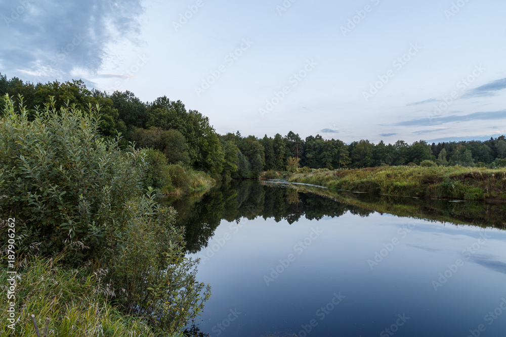 Fototapeta premium River between the coasts covered with forest at sunset