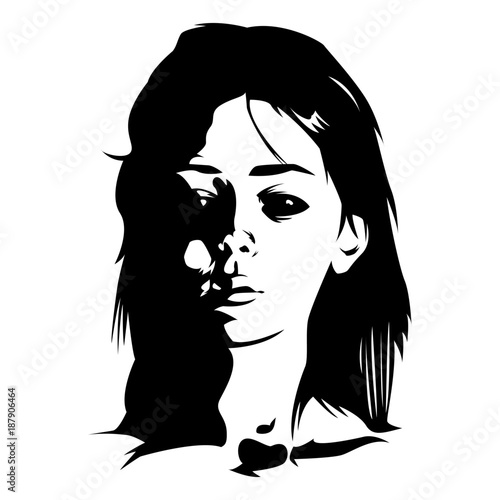 Black and white picture of a demon possessed by a girl with black eyes