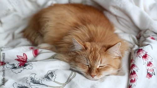 Cute ginger cat lying belly up in bed on grey blanket, Fluffy pet is going to sleep. Cozy home background.