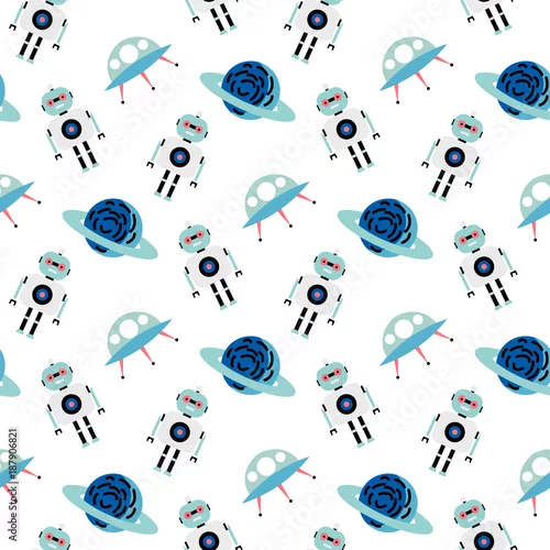 Tapety Bezszwowe tło wzór przestrzeni. Wektorowy ilustracyjny galaxy tło z robotem, statek kosmiczny