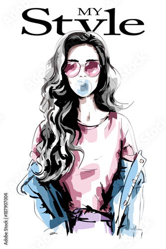 Hand drawn young woman with chewing gum. Beautiful woman portrait. Cute girl with long hair. Fashion woman in casual clothing. Sketch.