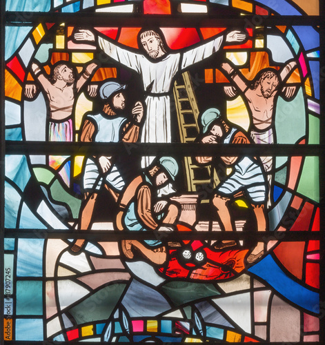 LONDON, GREAT BRITAIN - SEPTEMBER 16, 2017: The stained glass of Crucifixion in church St Etheldreda by Charles Blakeman (1953 - 1953).