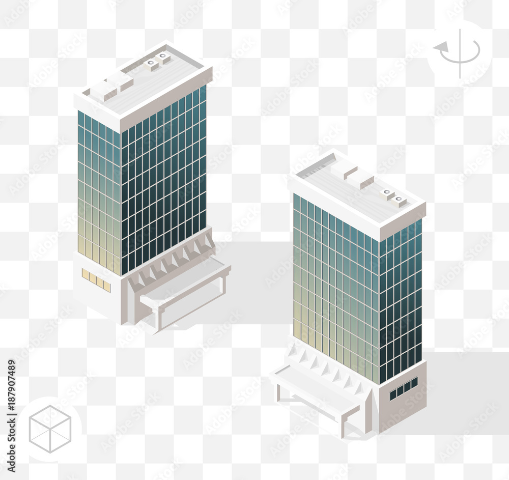 Isometric High Quality City Element with 45 Degrees Shadows on Transparent Background . Skyscraper