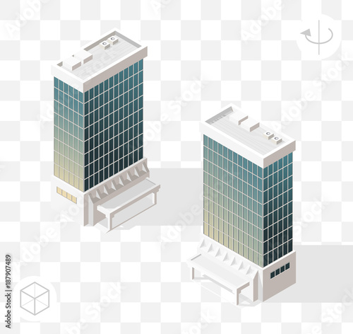 Isometric High Quality City Element with 45 Degrees Shadows on Transparent Background . Skyscraper
