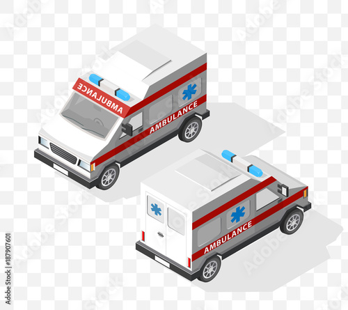 Set of Isolated High Quality Isometric City Elements. Ambulance with Shadows on Transparent Background