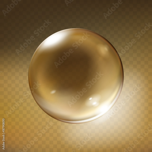 Vector realistic glass sphere. Glossy empty crystal globe, bubble, pearl with reflections, bronze brown transparent background illustration. Shiny 3d magic abstract circle orb for decoration design.