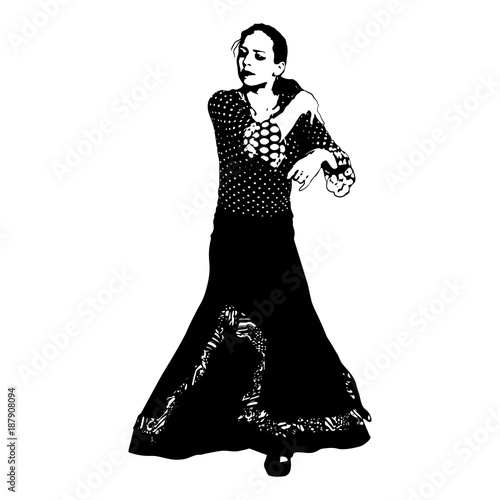 Silhouette of Spanish woman Flamenco dancer. Dancing Sevillanas in gypsy dress and comb in traditional Dance of Spain concept performing show isolated on white background