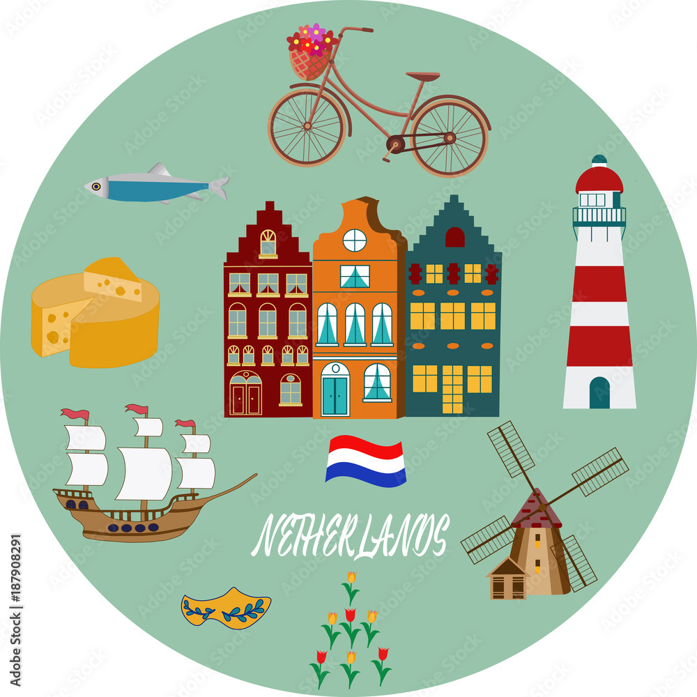 Obraz premium Holland travel cultural and sightseeing symbols frame background poster with tulips wooden clogs and windmills vector illustration