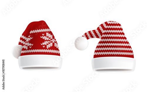 Vector 3d realistic illustration of two knitted santa hats with decorative pattern on them, isolated on white background. Christmas traditional red headdress, element of festive costume