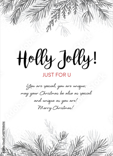 Merry Christmas greeting card, postcard vector design: hand drawn silver gray ink winter tree, pine needles, juniper branch, blue spruce, cedar leaf delicate border frame. Winter cute wedding invite