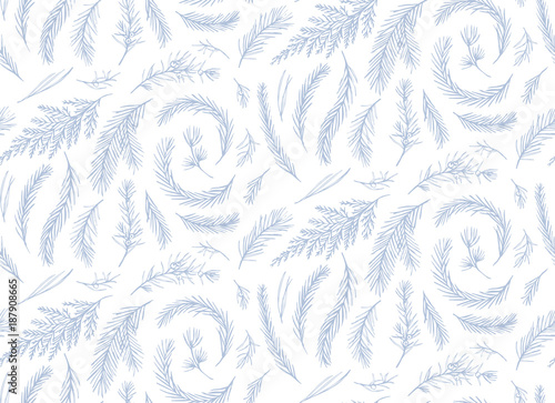 Seamless pattern, vector floral  design: drawn winter tree pine needles, juniper berry branch, blue spruce, cedar leaf greenery. Rustic Christmas, New Year texture wallpaper, wrapping paper cute print