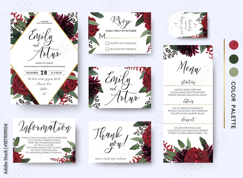 Wedding invite, invitation save the date rsvp thank you information cards set. Vector watercolor floral bouquet rhombus frame design: red burgundy Rose flower green leaves Eucalyptus branch & berries