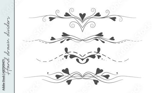 Vector hand drawn flourishes text divider, graphic design element set. Designer art vintage border for Wedding invitation card, page decoration. Calligraphy elegant delicate swirls hearts ornate motif
