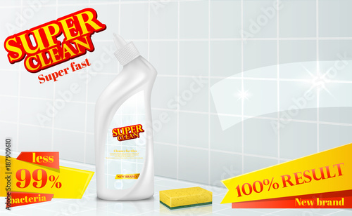 Vector bathroom tiles, ceramic surface cleaner ad poster, detergent bottle near sponge. Mockup package for brand design, super clean result, antibacterial cleanser illustration