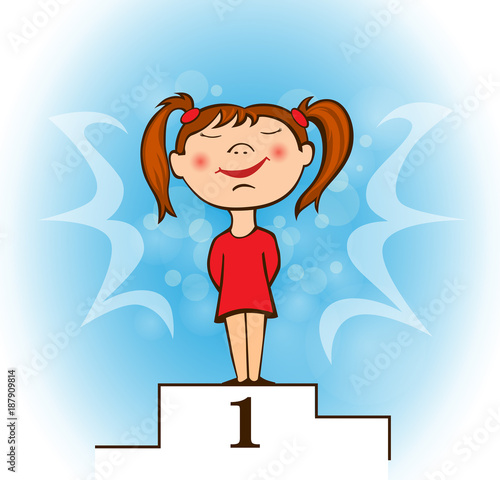 Illustration of a Happy Girl Won First Place. Proud girl on the podium.