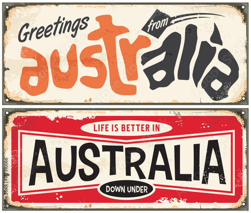Greetings from Australia retro sign template. Life is better in Australia vintage souvenir card. 