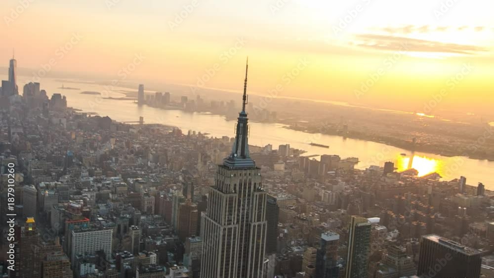 New York City,USA - November 2014: Aerial shot of Empire State Building from a helicopter at sunset