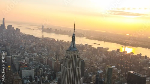 New York City,USA - November 2014: Aerial shot of Empire State Building from a helicopter at sunset
