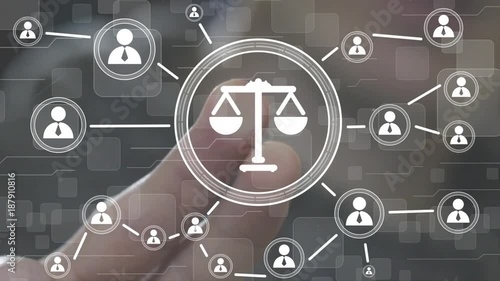 Business button of justice balance scales. Business justice on the Internet. The judge is working in the office
