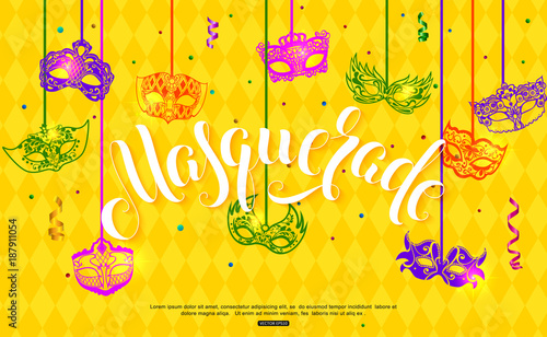 Mardi Gras banner design with hanging carnival mask confetti and serpentine on yellow background vector illustration