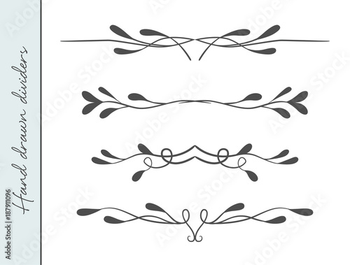 Vector hand drawn elegant flourish, text divider, graphic design element set. Designer art border for Wedding invite card, page decoration. Elegant calligraphic swirls, dots delicate motif ornament