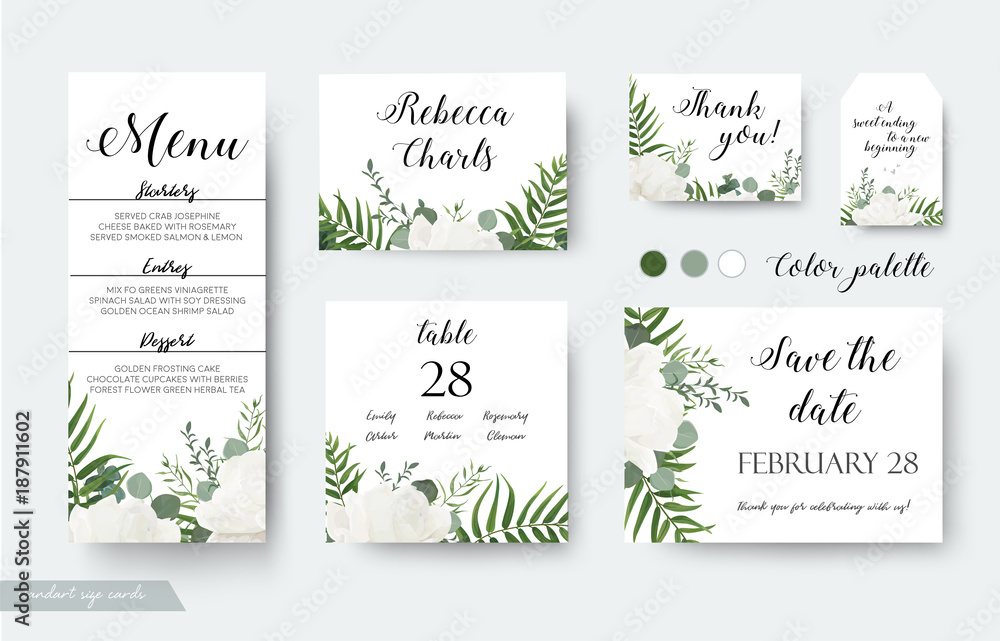 Wedding cards floral design. Rsvp, menu, table number thank you, save the date guest card & label set. White garden rose peony flower, forest fern, green palm leaf, eucalyptus branch, greenery bouquet Wedding cards floral design. Rsvp, menu, table number thank you, save the date guest card & label set. White garden rose peony flower, forest fern, green palm leaf, eucalyptus branch, greenery bouquet