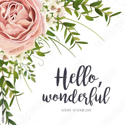 Vector card floral design: purple pink garden rose flower, green watercolor eucalyptus greenery leaves, plants, herbs bouquet frame. Elegant, romantic greeting, invitation, postcard. Text space layout