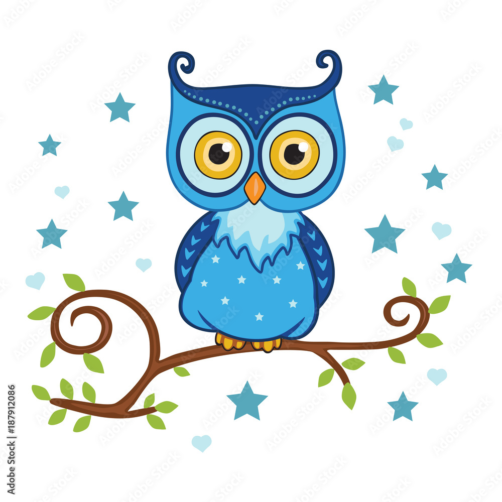 Cute funny owl. Forest animal, stars. Decorative and style toy, doll. Wonderland. Magic and fabulous story. Isolated children's cartoon illustration, suitable for print or sticker. White background. 