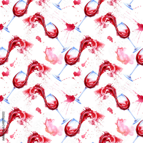 Seamless pattern of a glass red wine and splash. Picture of a alcoholic drink.Beverage.Watercolor hand drawn illustration.White background.