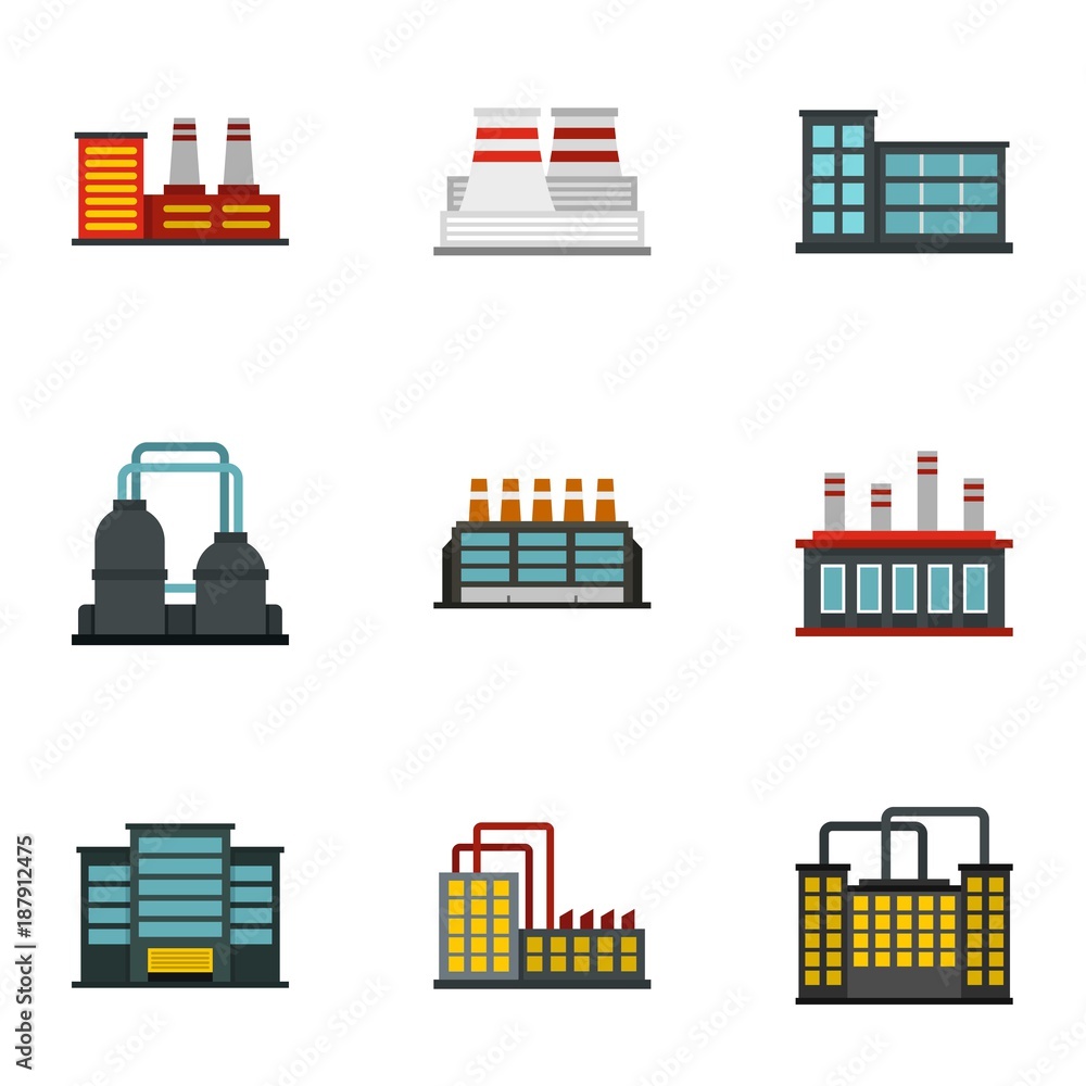 Factory icons set, flat style Factory icons set, flat style