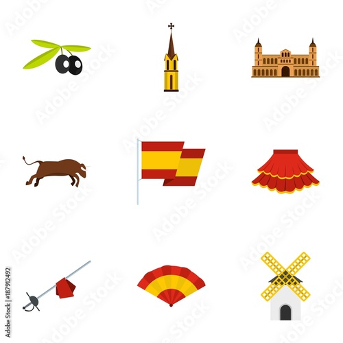 Spain travel icons set, flat style