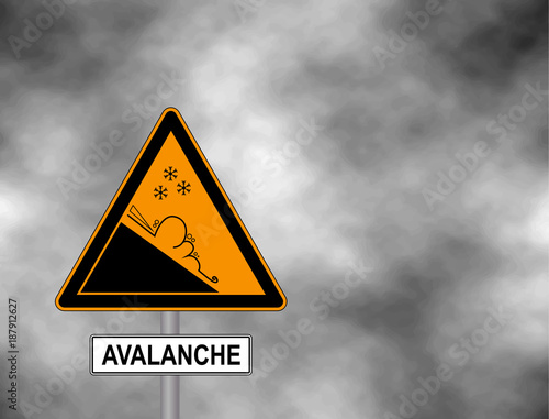 Winter snow covered mountains and warning sign of avalanche danger isolated on a grey sky. Danger sign avalanches of ice and snow at highway or road. Vector illustration..