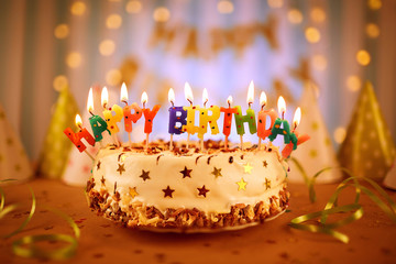 Happy birthday cake with candles.