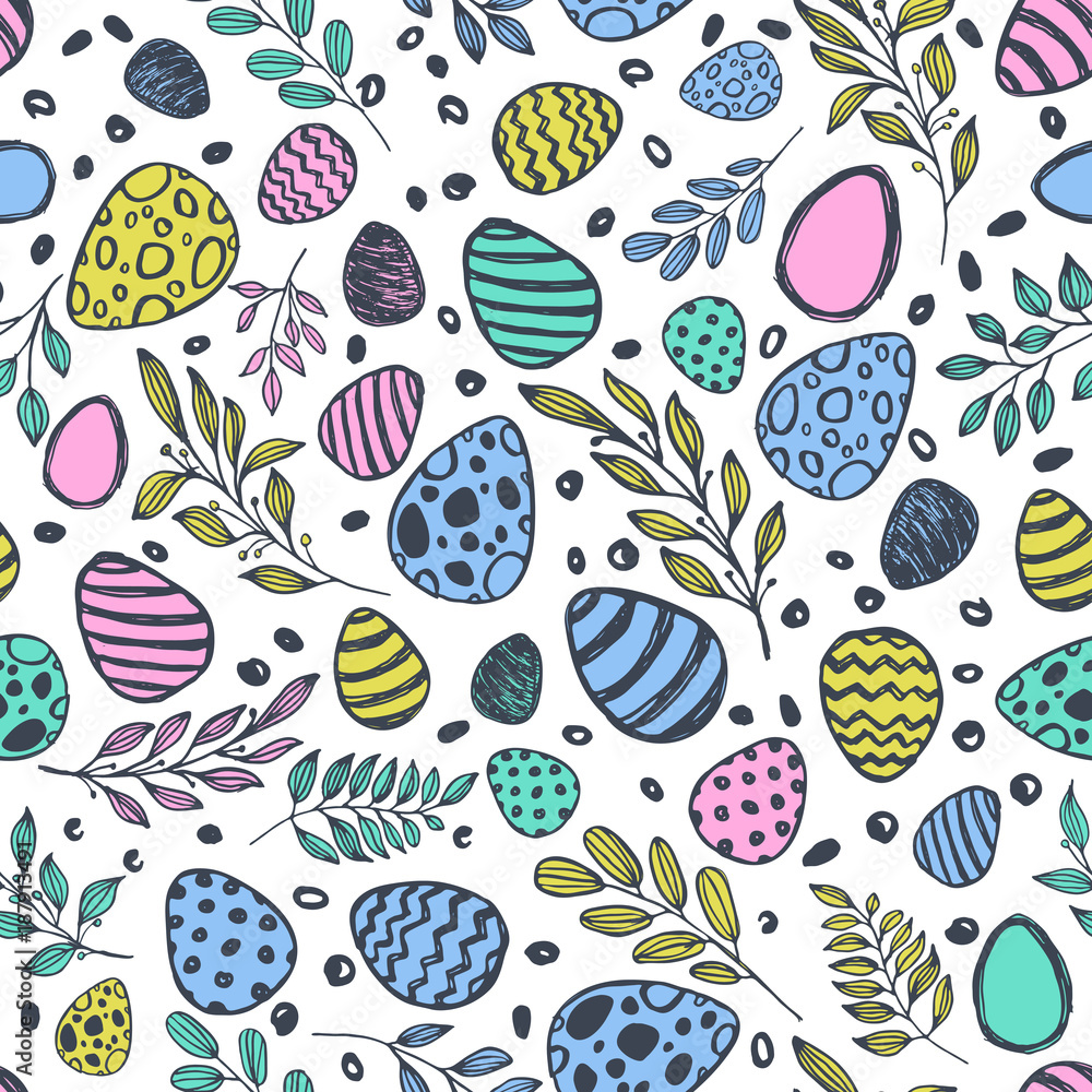 Vector doodle Easter seamless pattern. Colorful watercolor, ink illustration of easter eggs and leaves