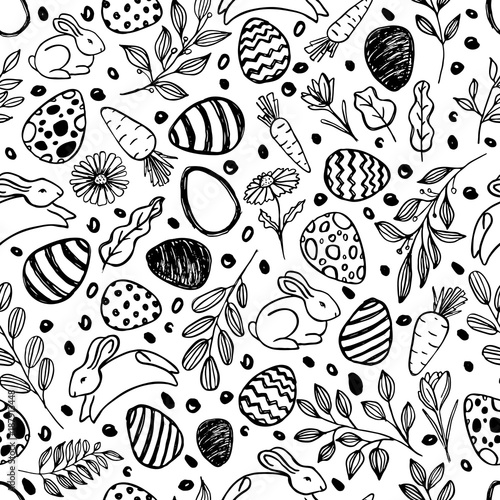 Vector doodle Easter seamless pattern. Black white watercolor, ink illustrati...